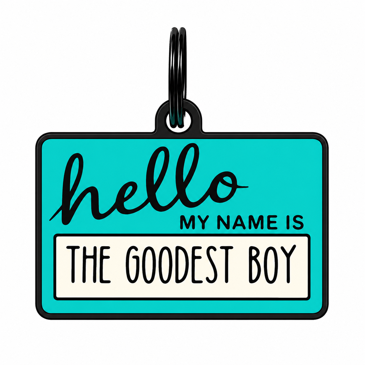 “Hello, My Name Is: The Goodest Boy” Teal Dog ID Tag