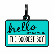 “Hello, My Name Is: The Goodest Boy” Teal Dog ID Tag